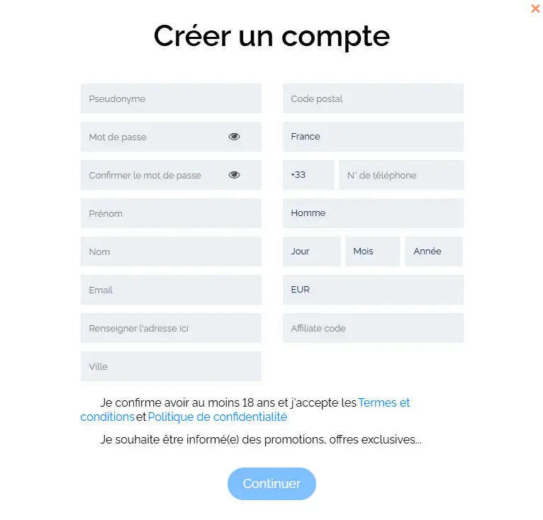 Proceso de registro 20Bet Casino
